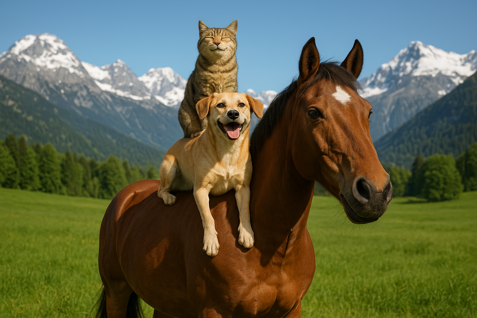 A realistic photo of a cat riding on a dog, both riding on a horse in a green field with snow-capped Alpine mountains in the background