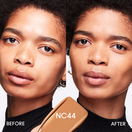 Before and after image of model wearing color NC44 of Mac Studio Fix
