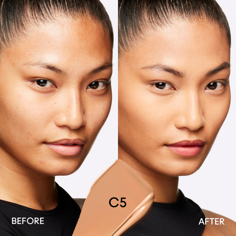 Before and after image of model wearing color C5 of Mac Studio Fix