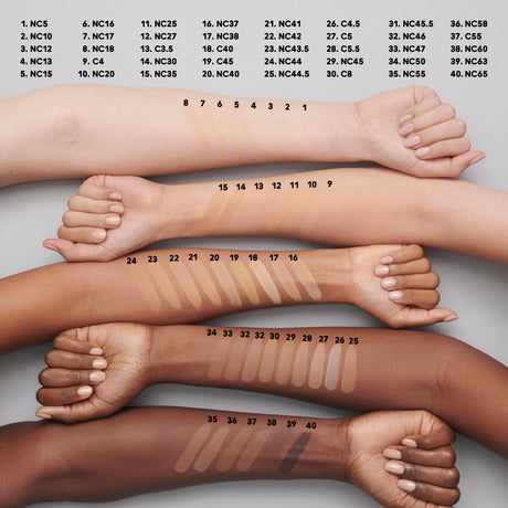 An image of lots of the colors for the Studio Fix Foundation. There are different coloured smudges of foundation on 5 different arms.