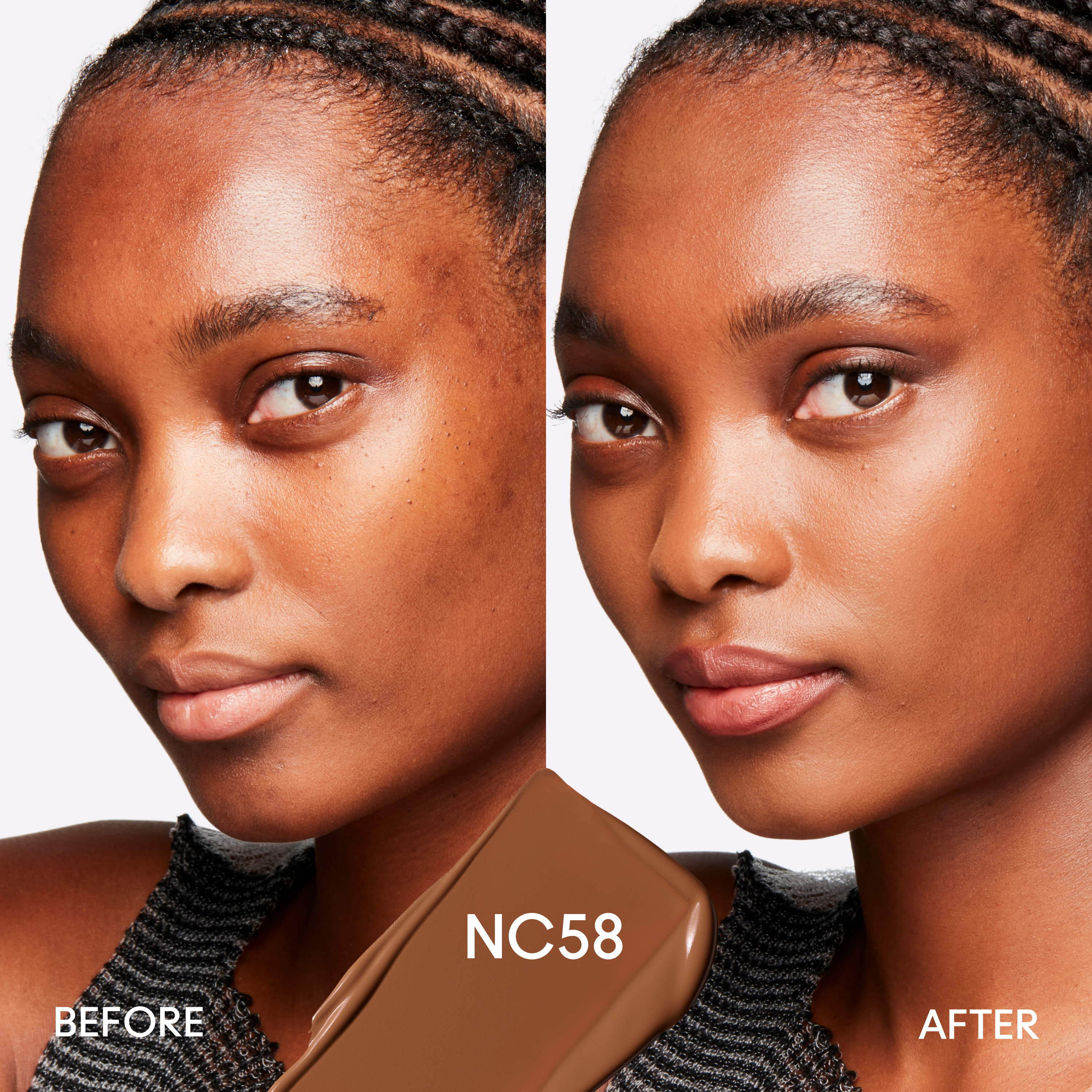 Before and after image of model wearing color NC58 of Mac Studio Fix