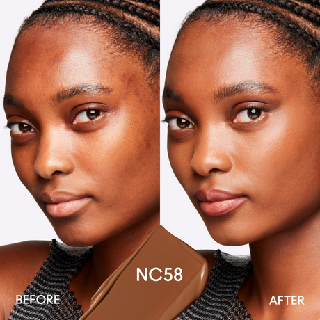 Before and after image of model wearing color NC58 of Mac Studio Fix