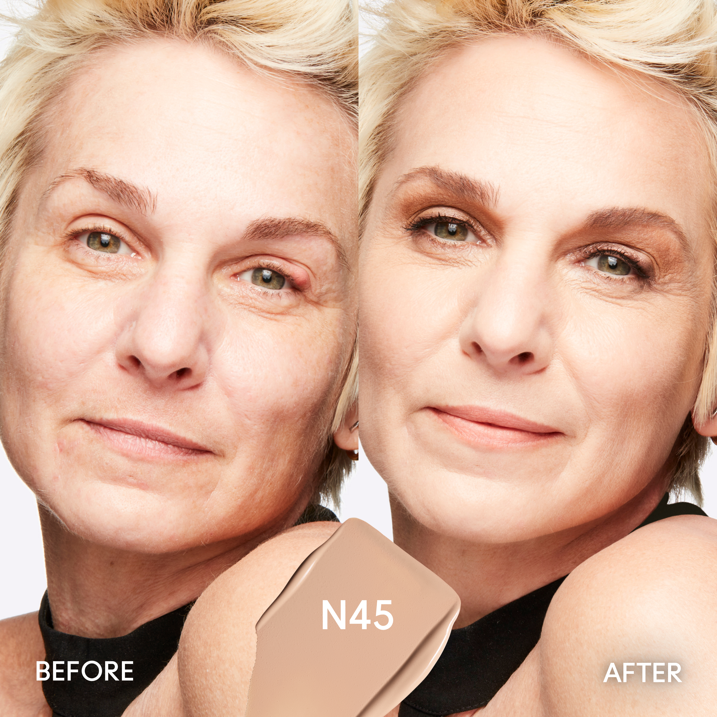 Before and after image of model wearing color N4.5 of Mac Studio Fix